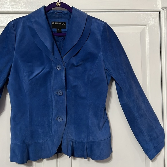 Bernardo Royal Blue Suede Jacket with Double Ruffle Collar & Ruffle at Bottom - Picture 5 of 15